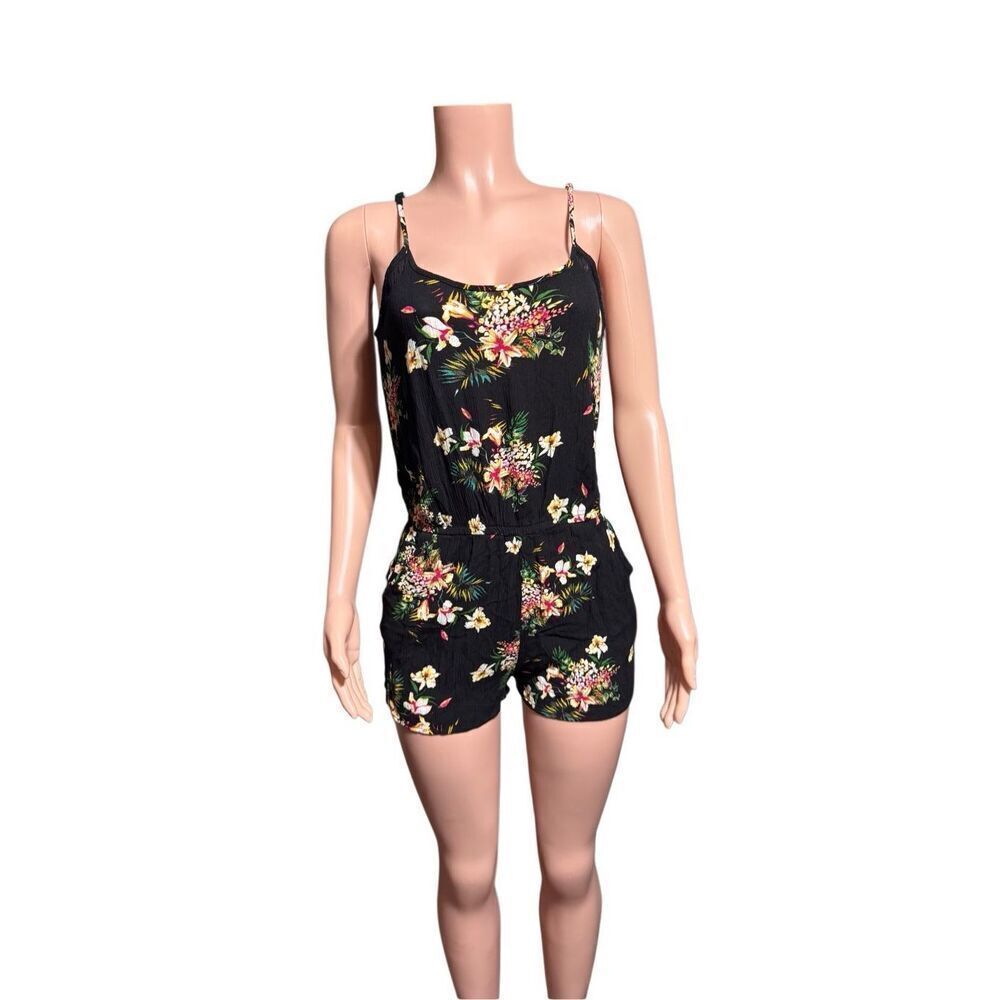 Ambiance black floral print adjustable cami romper M